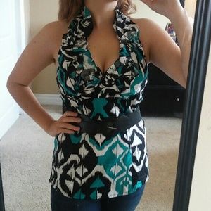 Blue black white halter top