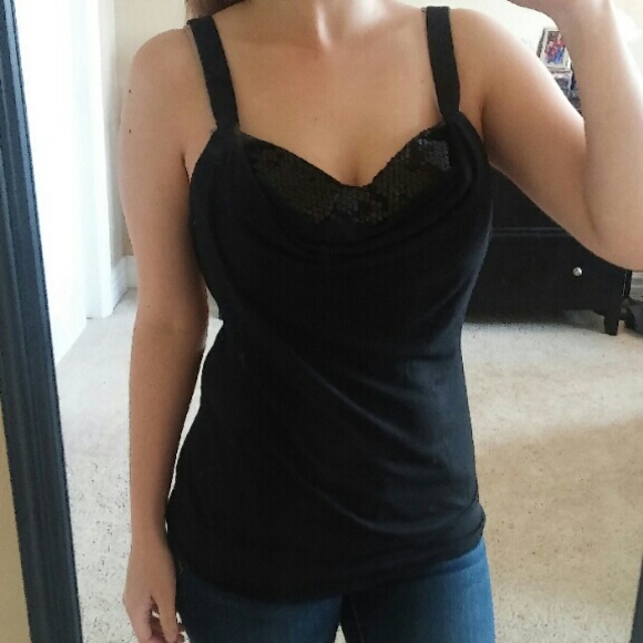 Black sequin draped front top - Picture 1 of 3