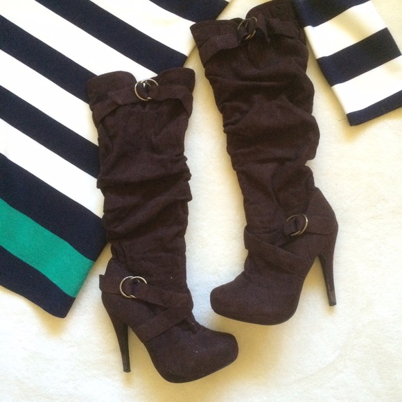 Brown Faux Suede Heeled Boots