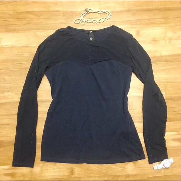 H&M Polka Dot Navy Sheer Top Blouse Long Sleeve