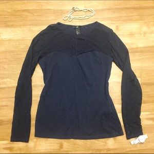 H&M Polka Dot Navy Sheer Top Blouse Long Sleeve