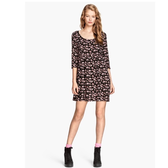 Black Floral Print Baby Doll Dress