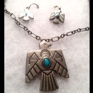 Silver and turquoise bird jewelry set
