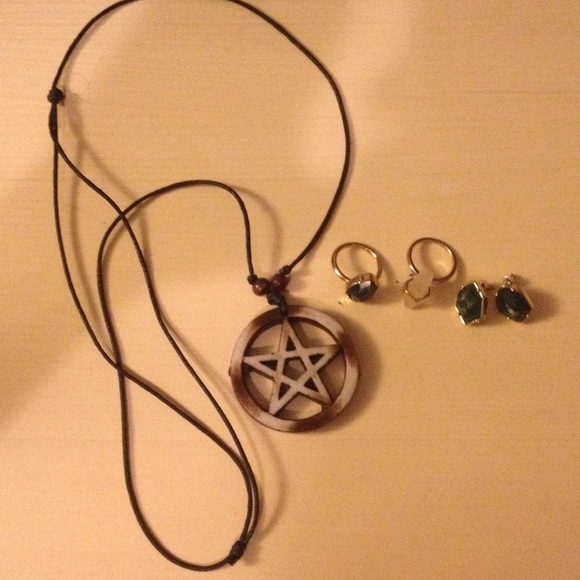 Pentagram necklace, gemstone earrings and rings