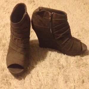 Gray suede peep toe wedge boots