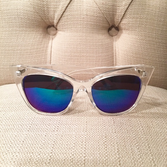 Clear Cat Eye Blue Mirrored Lens Sunglasses