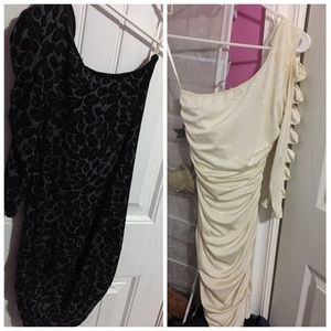 Two one sleeve dresses, one white and one print