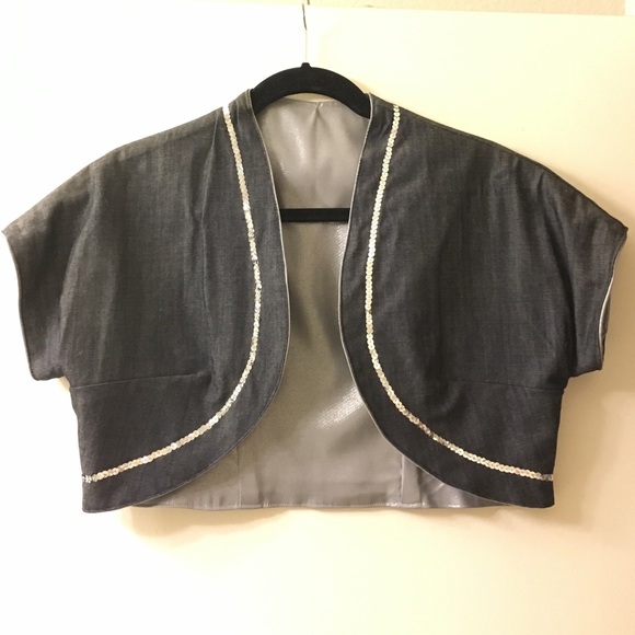 Handmade dark denim bolero with silver sequin trim