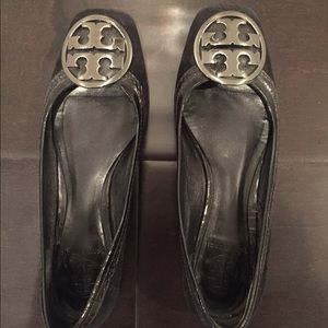 Black suede flats with croc trims