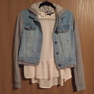 Denim Jacket with Sweatshirt Sleeves and Hood