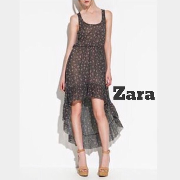 Zara High Low Charcoal Floral Chiffon Dress