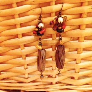 Wooden + stone beads earring
