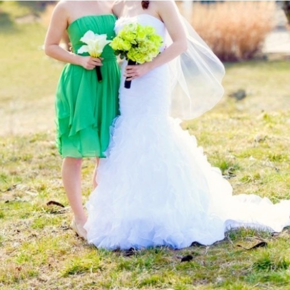 Strapless, chiffon, bridesmaid dress.