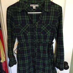 Green and navy plaid button up tunic