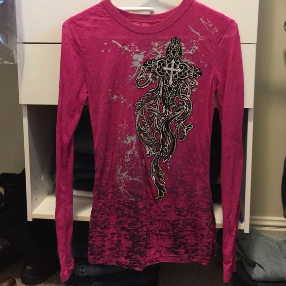 Rock & Roll cowgirl sheer pink top w/cross