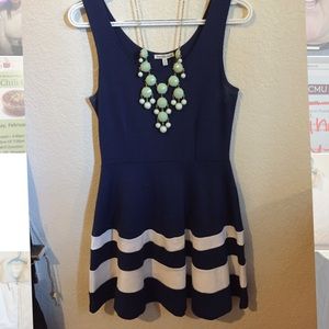 Navy Skater Dress With Striped Bottom
