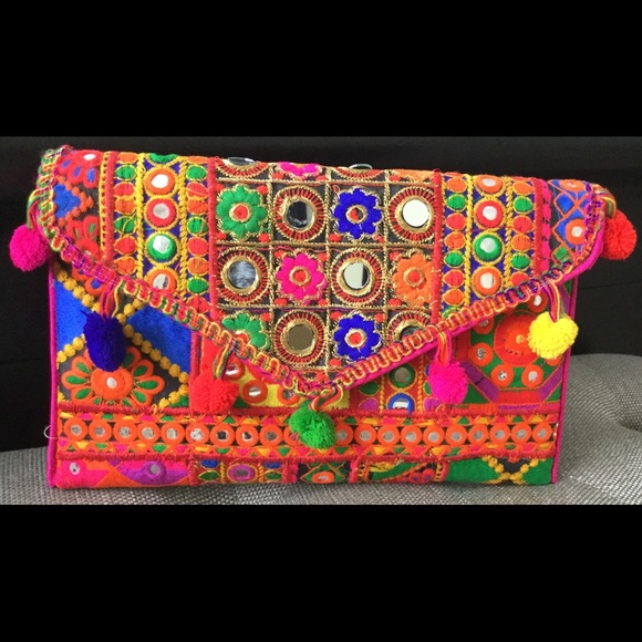 Embroidered Pom Pom/ mirror work clutch bag