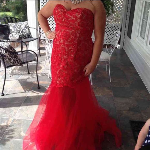 Alyce red lace prom dress