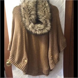 Michael Kors Camel Poncho with Fur Collar- Small