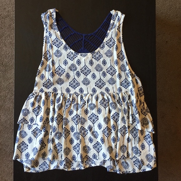 Printed ruffled tank top with knitted back