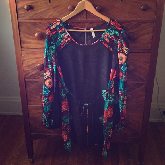 Navy and floral long sleeve dress- size L