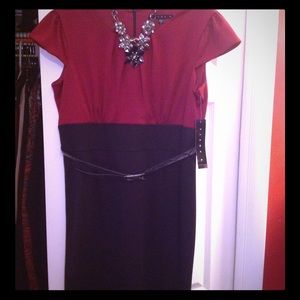 Career dress in wine and black with belt.