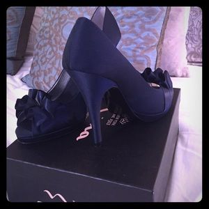 Navy Blue Ruffle Satin Nina Heels