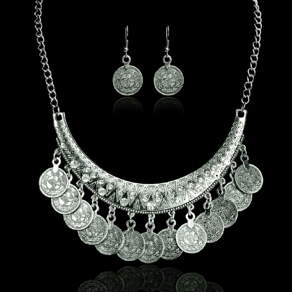 Boho Ethnic Vintage Coin Tassel necklace w earring