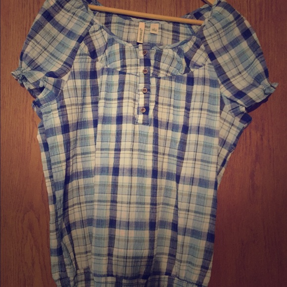 Blue plaid peasant top