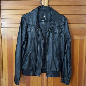 Black leather jacket with fur collar