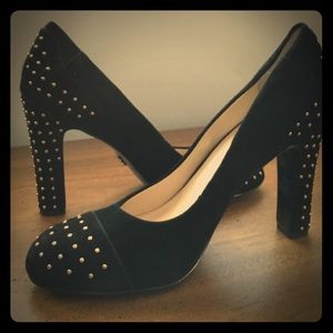 Ann Klein black suede heels with gold accents