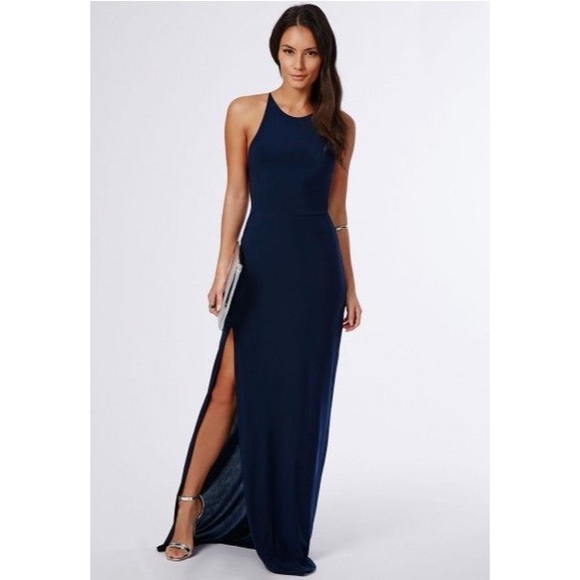 Missguided Slinky Side Split Maxi Dress Navy