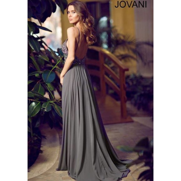 Jovani grey beaded prom dress