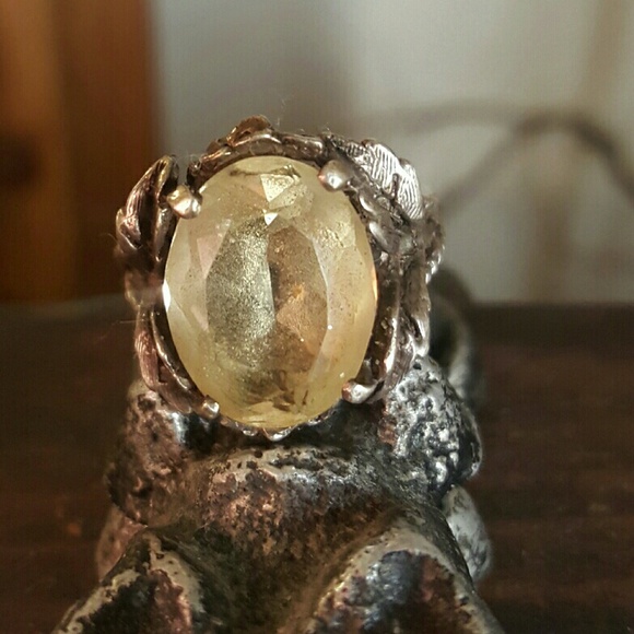 Vintage Antiqued Silver Yellow Stone Ring