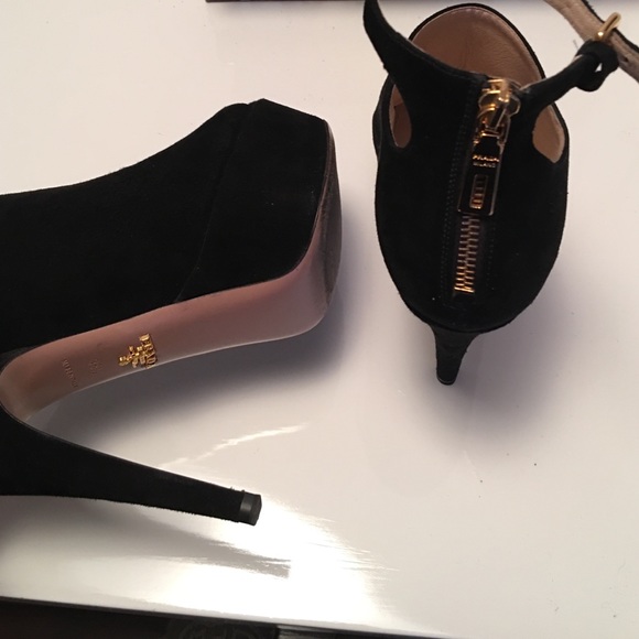 Prada Black Suede Peep Toe Ankle Strap Platform Booties Size  Prada suede peep toe booties