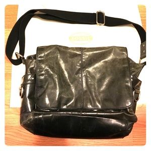 Black leather messenger bag w/ laptop compartment