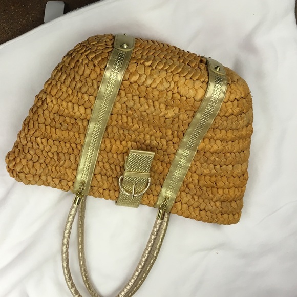 Large Straw Bag w/gold leather trim