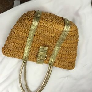 Large Straw Bag w/gold leather trim