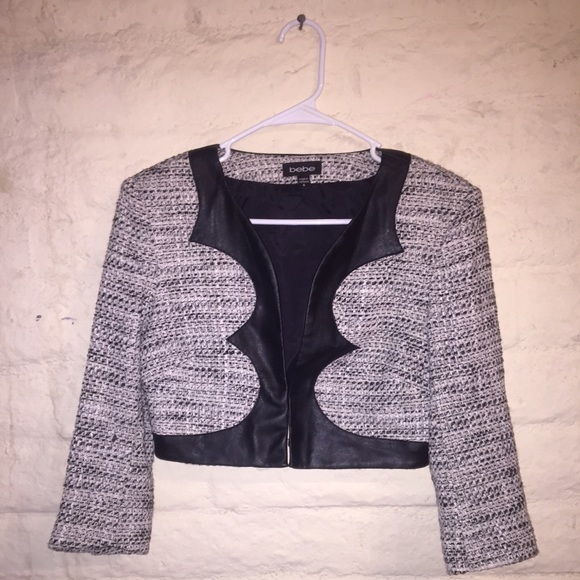 Tweed and leather cropped blazer