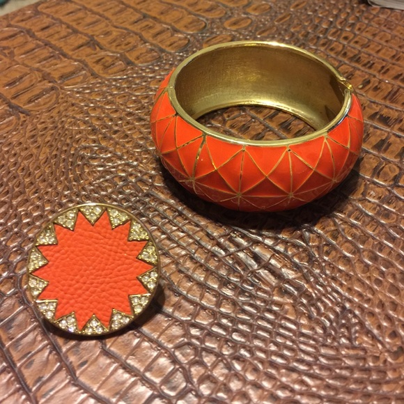 Orange & Gold Metal Bracelet Matching Ring NWOT