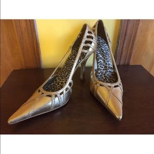 BCBG girls gold pointy heels strappy design