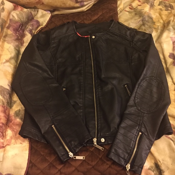 Black leather-like motorcycle jacket