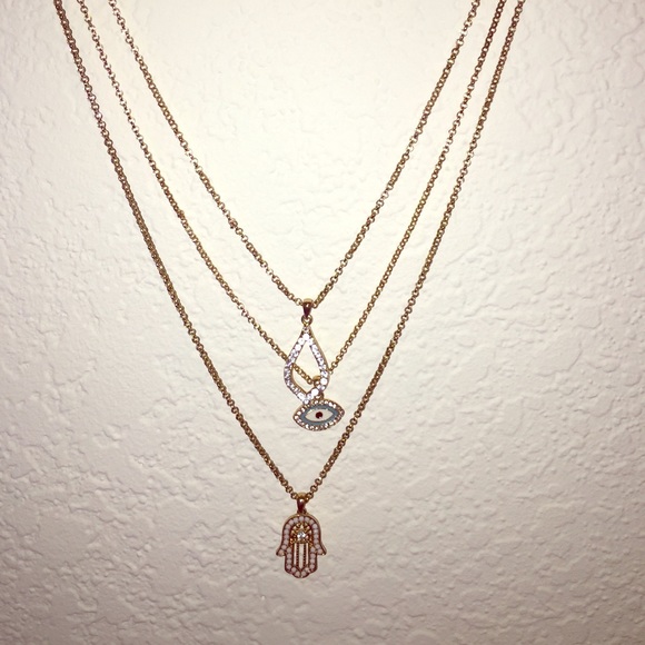 3 pack layered necklace hamsa hand, evil eye