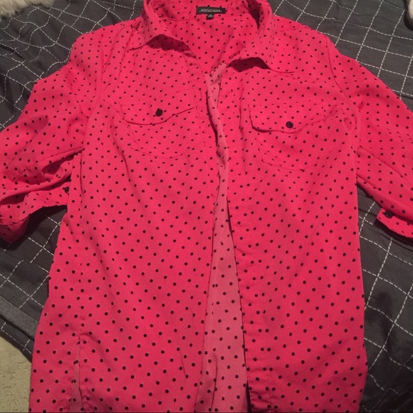 Pink and black polka dot over shirt.