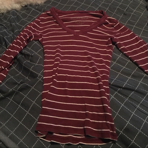 Burgundy striped long sleeve v neck shirt