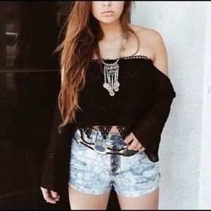 LF black crochet chiffon off the shoulder crop top