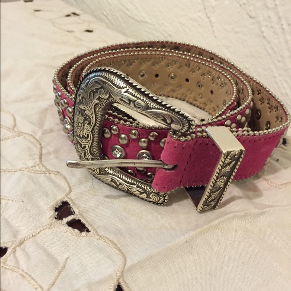 suede pink belt with detailed buckle and bling.