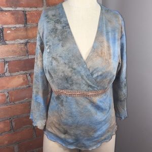 V Neck Mixed Color Blue Top