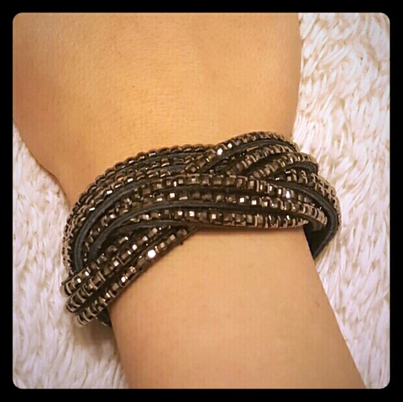 Black Leather Braided Studded Bracelet