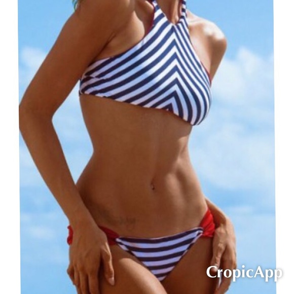 Navy & Red Chevron High-neck Bikini